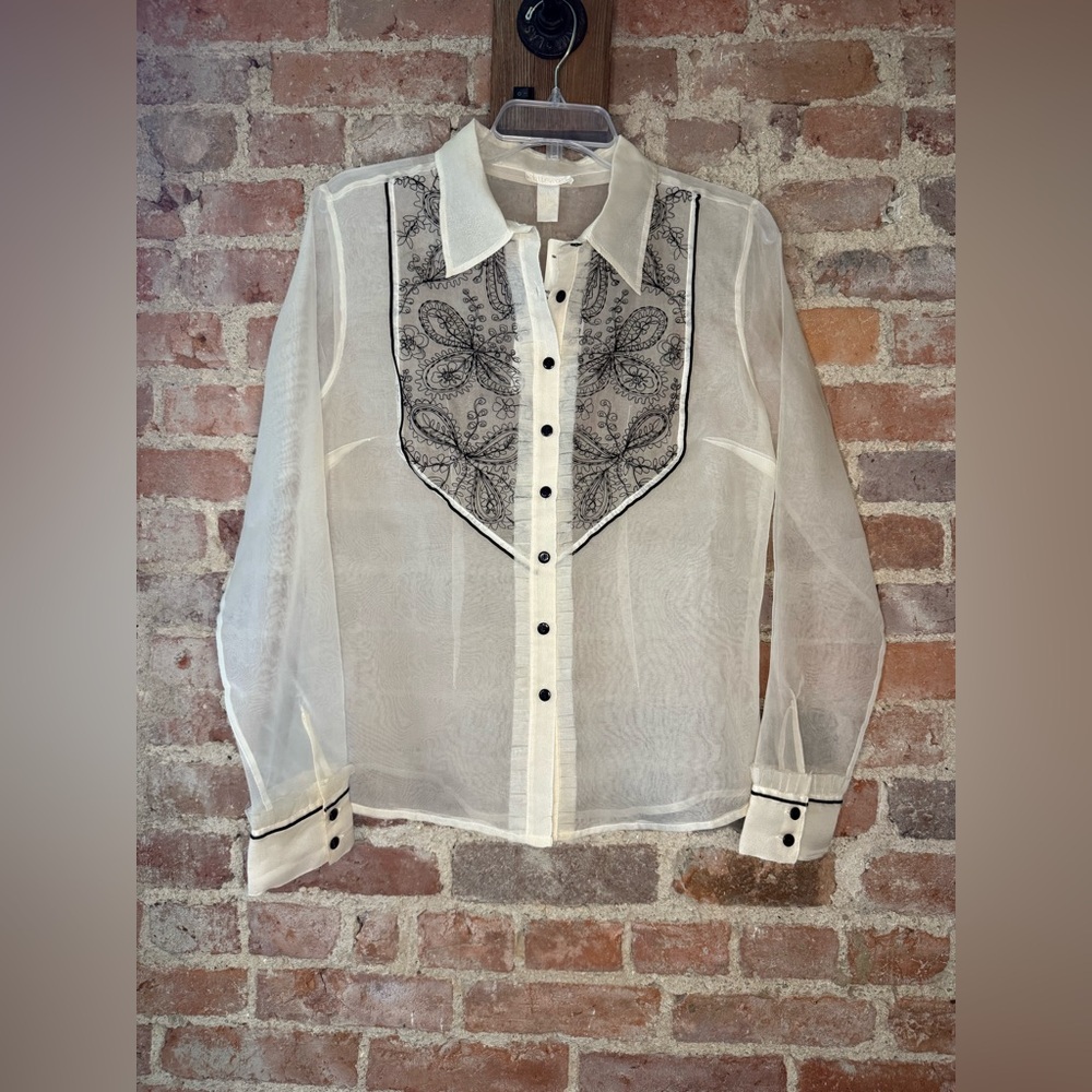 Whitewash “New” Sheer White Blouse with Black Embroidery 100% Silk